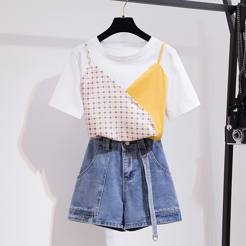 Denim Chic Round T-Shirt Collar Colorblock Pocketed Shorts