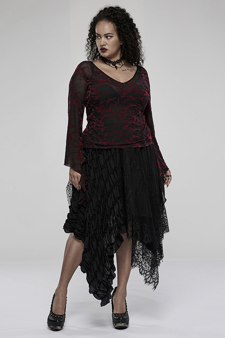 V Neck Stretch Mesh Abstract Pattern Flared Cuffs Plus Size Gothic Tee