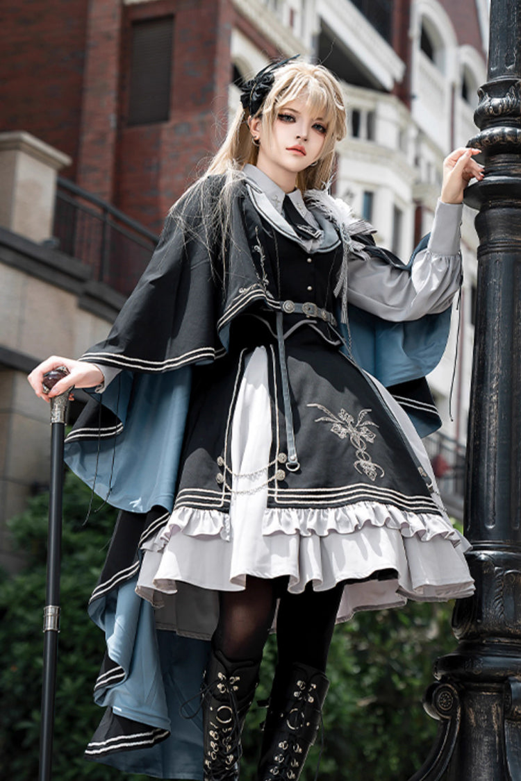 Black Blue Dark Knight Contract Print Ruffle Gothic Military Elegant Skirt