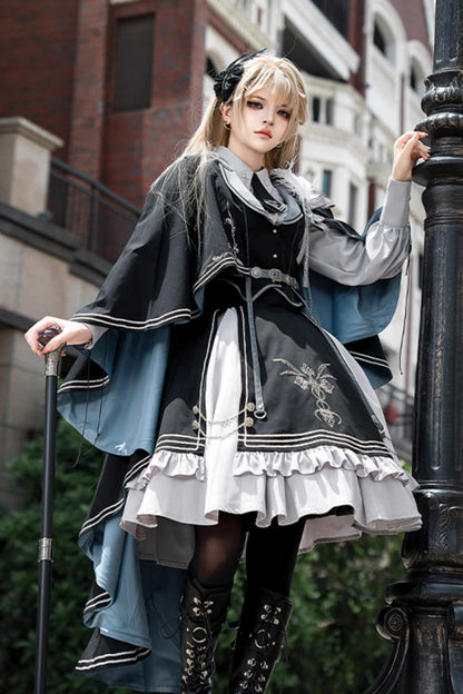 Black Blue Dark Knight Contract Print Ruffle Gothic Military Elegant Skirt