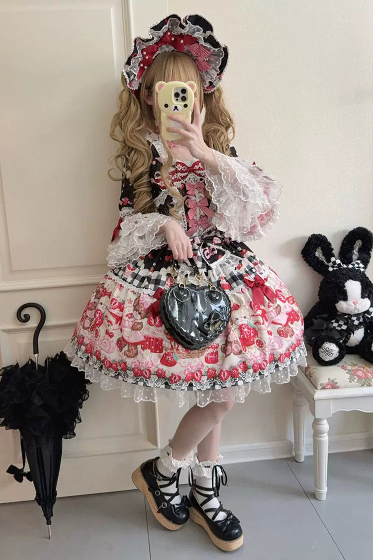 Sweet Berry Bunny Lolita OP Dress with Bow and Lace - Noir
