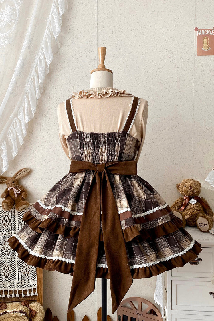 Brown Sleeveless Sweet Lolita Plaid Print Ruffle Bowknot JSK Dress
