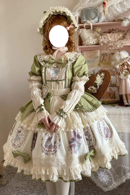 Emerald Little Ida's Flowers Short Sleeves Print Ruffle Bow Sweet Lolita Dress