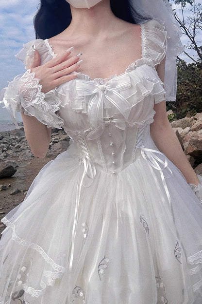 White Love Is Coming Multi-Layer Ruffle Bow JSK Dress