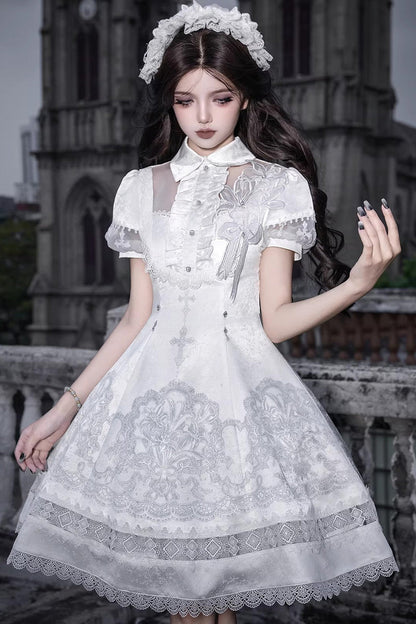 Lace Trimmed Classic Gothic Lolita Dress - White