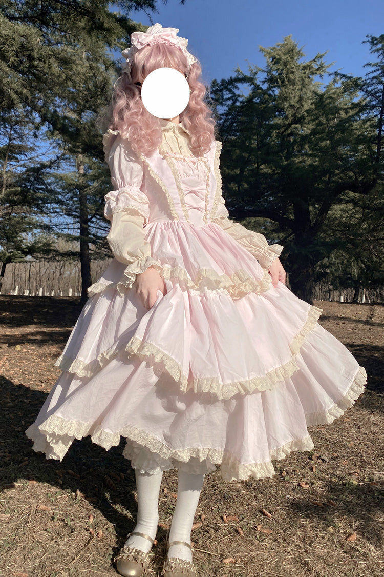 Pink Lapel-Collar Long-Sleeved High-Waisted Multi-Layer Bow-Trim Sweet Lolita Dress