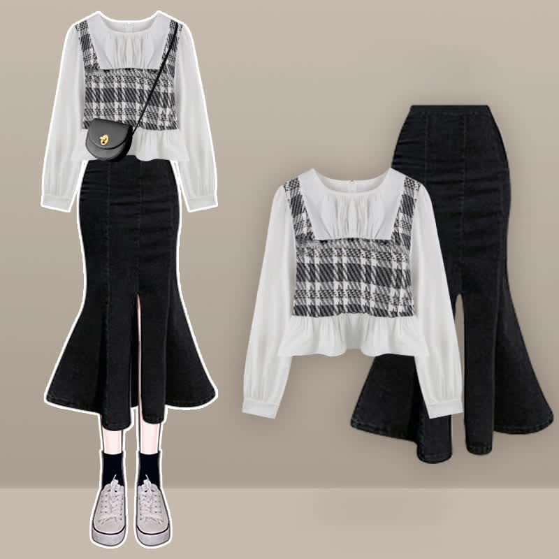 Print Shirt Denim Lattice Fishtail Skirt Set