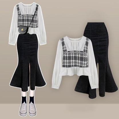 Print Shirt Denim Lattice Fishtail Skirt Set