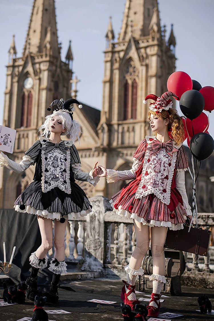 Letters and Poems Doll Mask Poker Clown Long Sleeves Ruffled Bow Gothic Lolita Dress Set