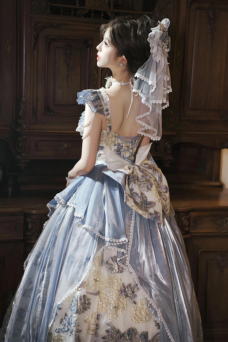 Off Shoulder Short Sleeve Printed Ruffled Embroidered Bow Lace-Up Sweet Princess Lolita Dress