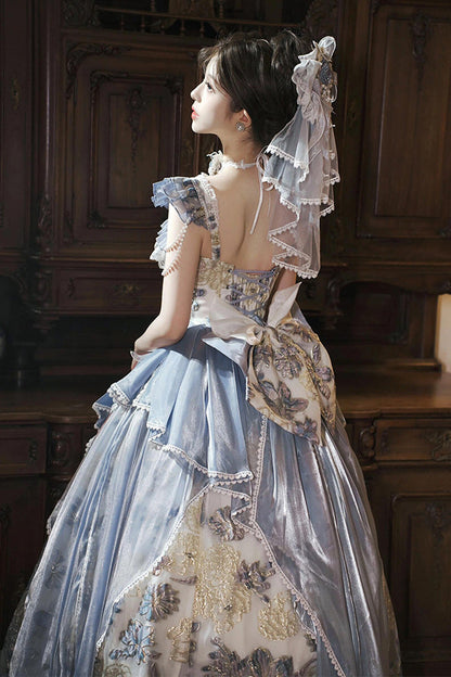 Off Shoulder Short Sleeve Printed Ruffled Embroidered Bow Lace-Up Sweet Princess Lolita Dress