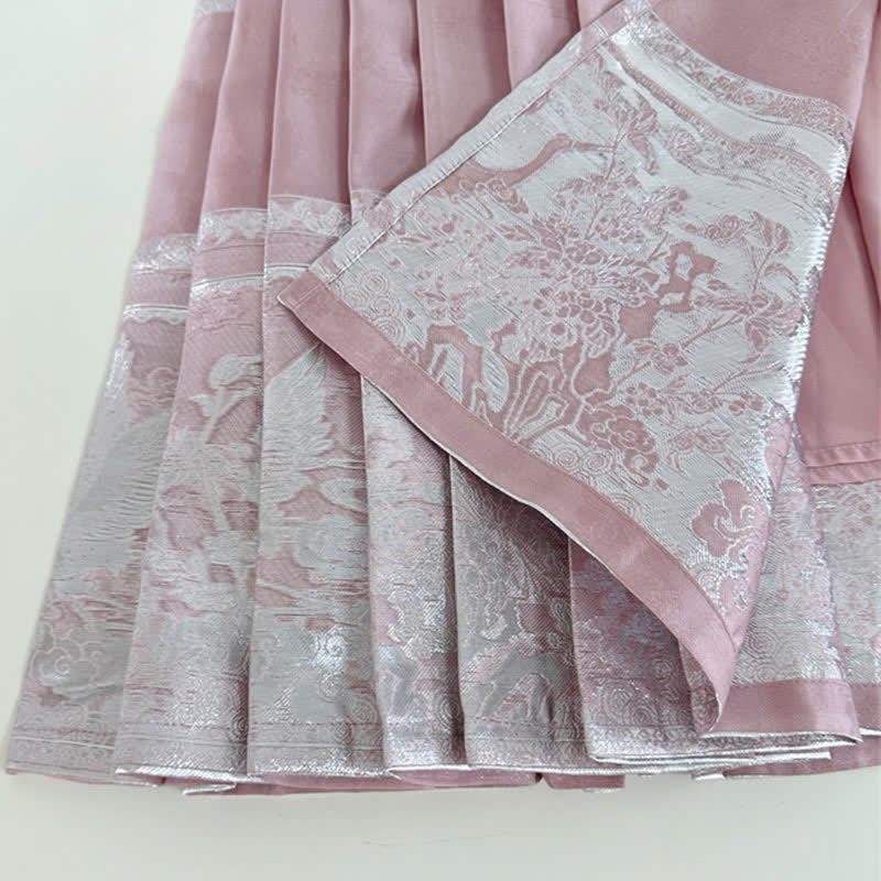 Chemise Hanfu vintage à boucle et jupe plissée avec broderie de grue rose