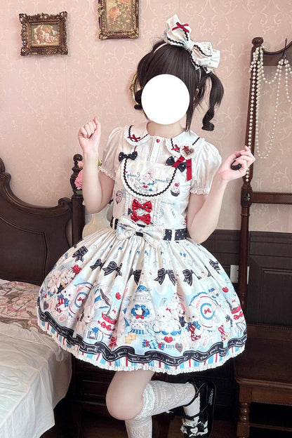Mystery Rabbit Tea Party Sleeveless Print Bowknot Lace Sweet Lolita Strap Dress in Beige