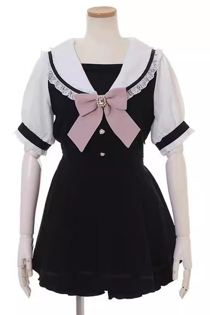 Short Sleeves Bowknot Lace Sweet Dress Set