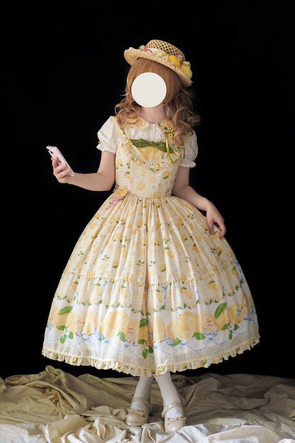 Lemon Chicken Print Ruffle Bow Lace Sweet Lolita JSK Long in Yellow