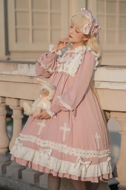 Pink Sweet Lolita Long-Sleeved Lace-Up Tiered Dress with Bowknot