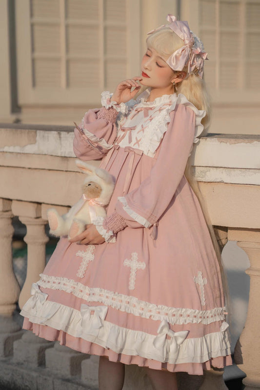 Pink Sweet Lolita Long-Sleeved Lace-Up Tiered Dress with Bowknot