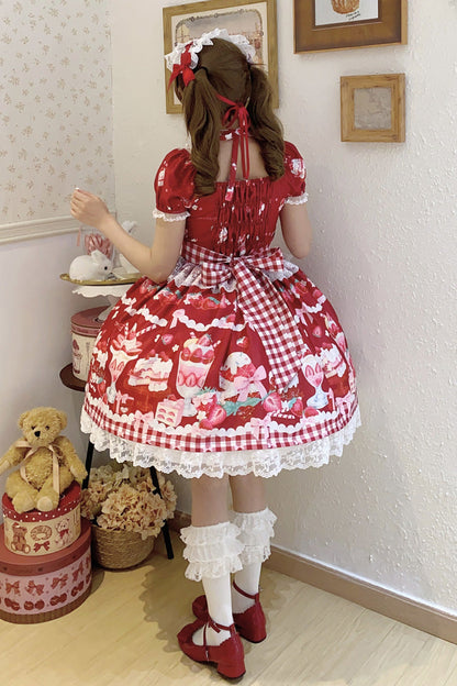 Red Strawberry Parfait Print Short Sleeve Ruffle Bow Lace Lace-Up Sweet Lolita Dress
