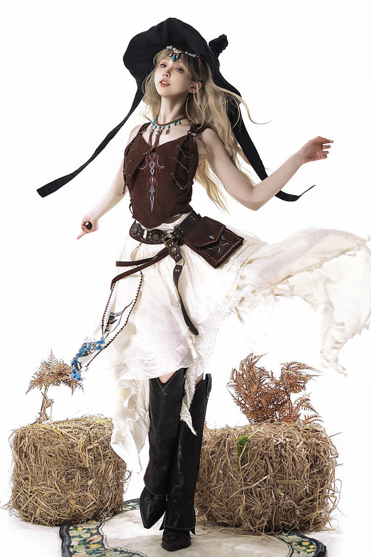 Brown White Dune Shadow Seeker Sleeveless Ruffle Embroidered Irregular Vintage Lolita Skirt Set