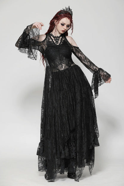 Off Shoulder Long Sleeve Gothic Irregular Lace Wedding Dress