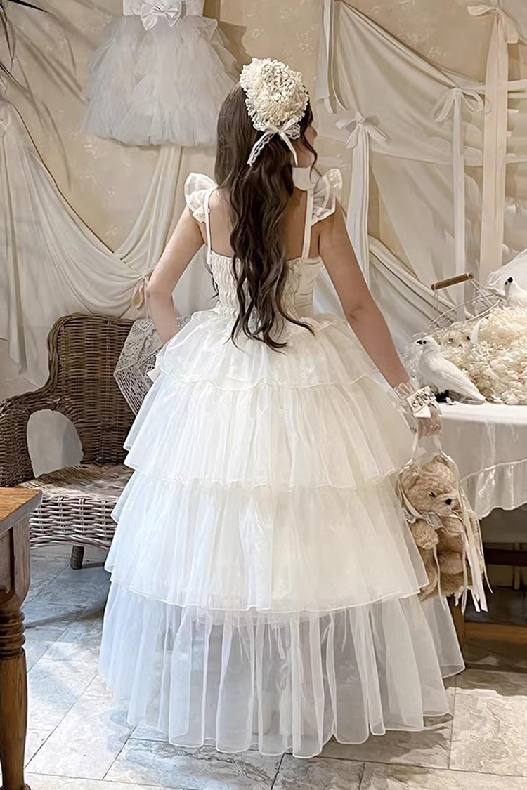 Mousse Serenade Triple-Layered Ruffled Hanayome Bow Lace Sweet Princess Lolita Strapless Dress in Beige