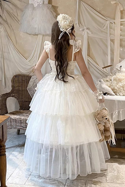 Mousse Serenade Triple-Layered Ruffled Hanayome Bow Lace Sweet Princess Lolita Strapless Dress in Beige