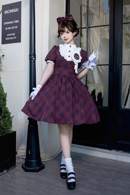 Showa Girls Summer Plaid Short Sleeves Classic Princess Lolita Dress