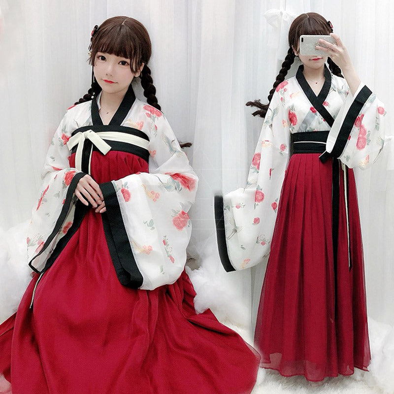 Elegantes Kimono-Set mit Oberteil und Rock mit V-Ausschnitt und Blumendruck