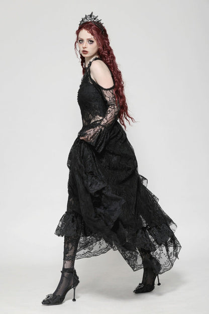 Off Shoulder Long Sleeve Gothic Irregular Lace Wedding Dress