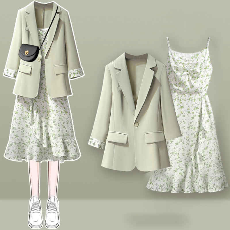 Slip Green Print Floral Dress Set