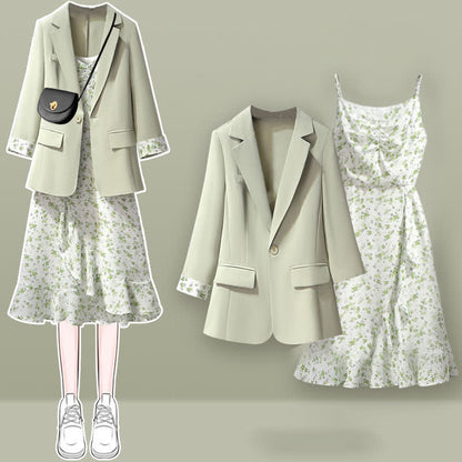 Slip Green Print Floral Dress Set