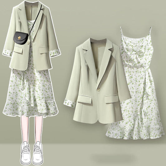 Slip Green Print Floral Dress Set