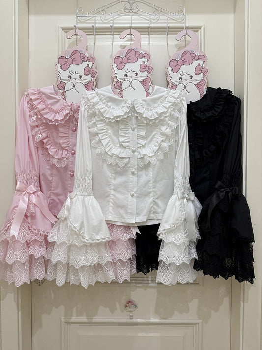 White / Black / Pink Bunny Ears Collar Long Sleeves Shirt
