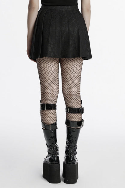 Chain-Adorned Pleated Punk Skirt with Lace Trim
