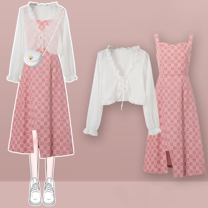 Print Slip Cardigan Lattice Pink V-neck Dress Set