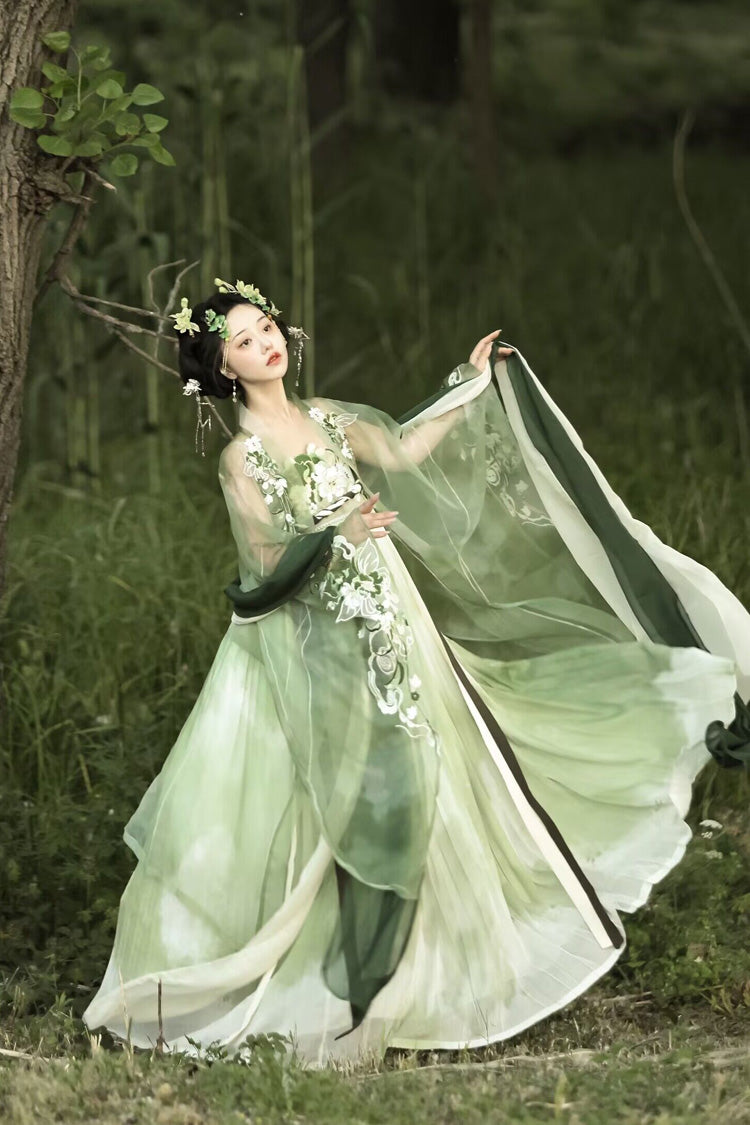 Emerald Qingyao Butterfly Flowers Embroidery Chinese Hanfu Full Set