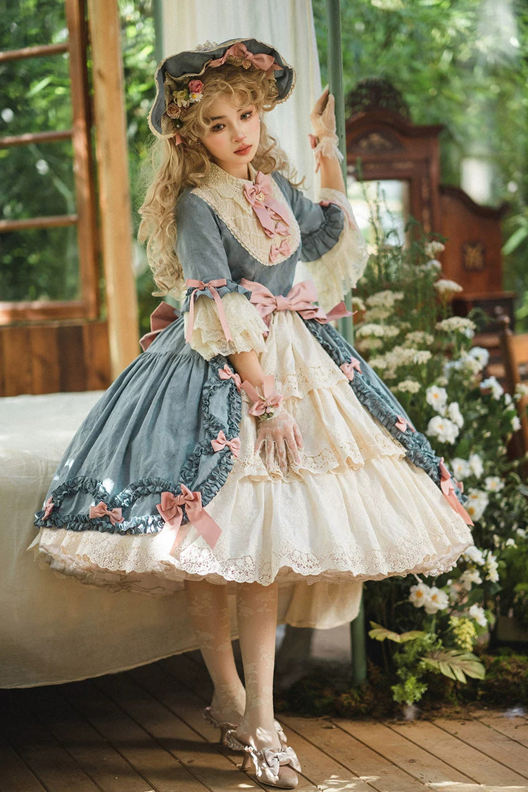 Lapel Short Trumpet Sleeve Ruffled Open Bow Lace Elegant Luxurious Lolita Dress