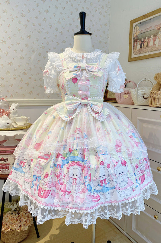 Golden Rabbit Print Ruffled Bow Lace Sweet JSK Attire