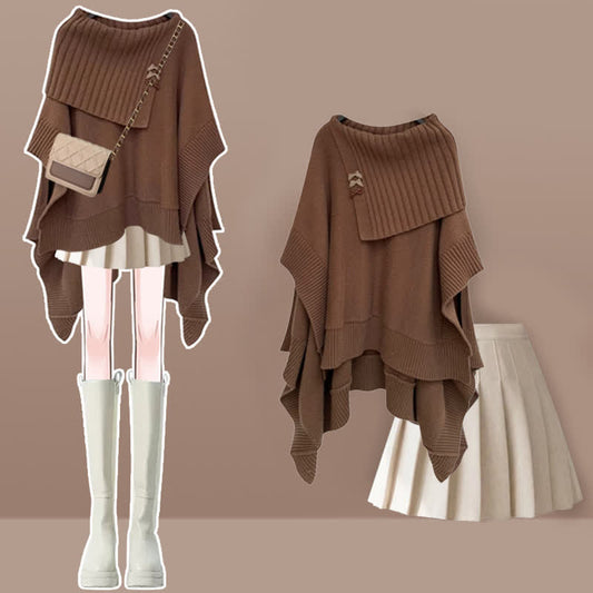 Irregular Off The Shoulder Loose Cloak Sweater Pleated Skirt