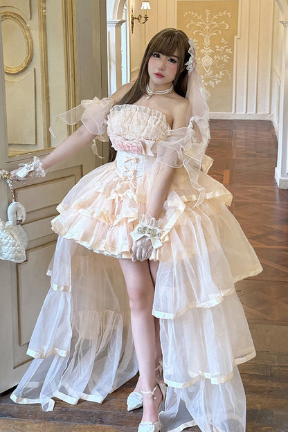 Rose Mousse Love Song Off Shoulder Sleeveless Triple Ruffled Bride Bow Elegant Ballet Short Set