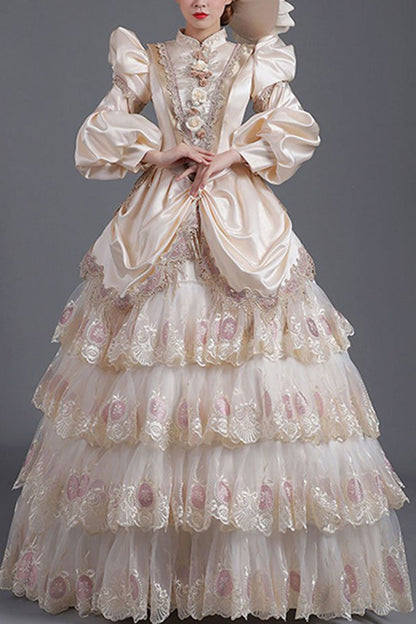Lantern Sleeve Floral Print Tiered Gown