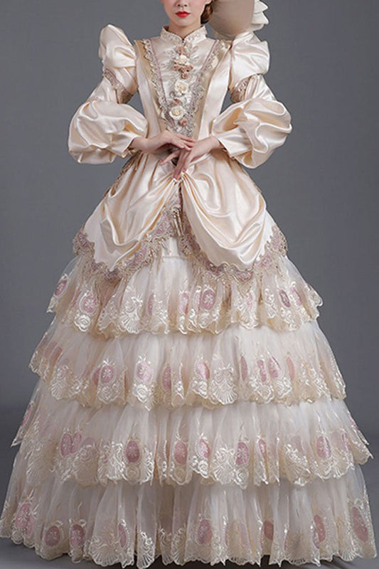 Lantern Sleeve Floral Print Tiered Gown