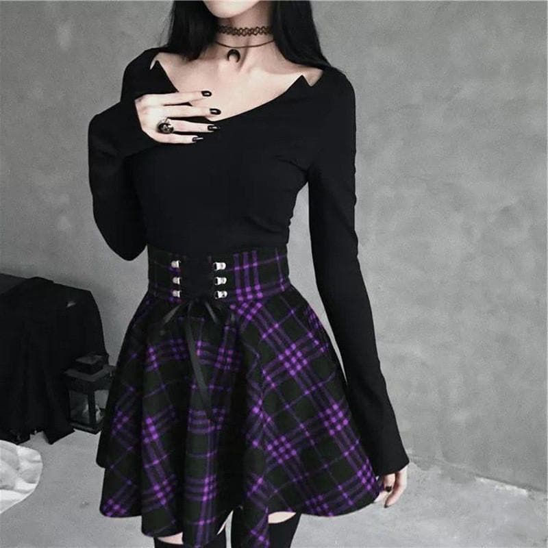 SpreePicky Gothic High Waist Laced Plaid Skirt SP14143