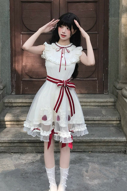 Ivory Strawberry Mousse Cake Stand Collar Sleeveless Mesh Ruffle Bow Lace Sweet Lolita Dress