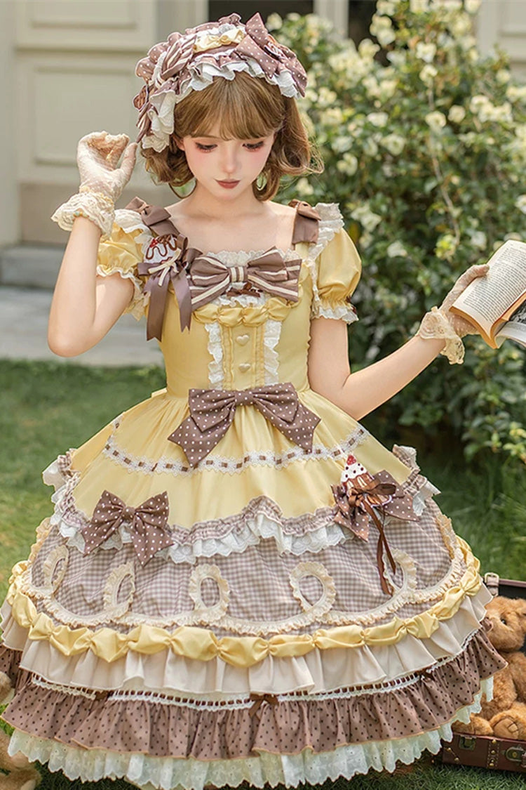 Polka Dot Cake Layered Print Ruffled Bow Sweet Lolita OP in Yellow Brown