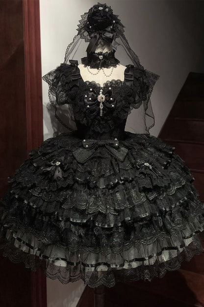 Black Feathers Ballad Sleeveless Multi-Layered Ruffle Hanayome Bow Gothic Lolita Jsk Dress