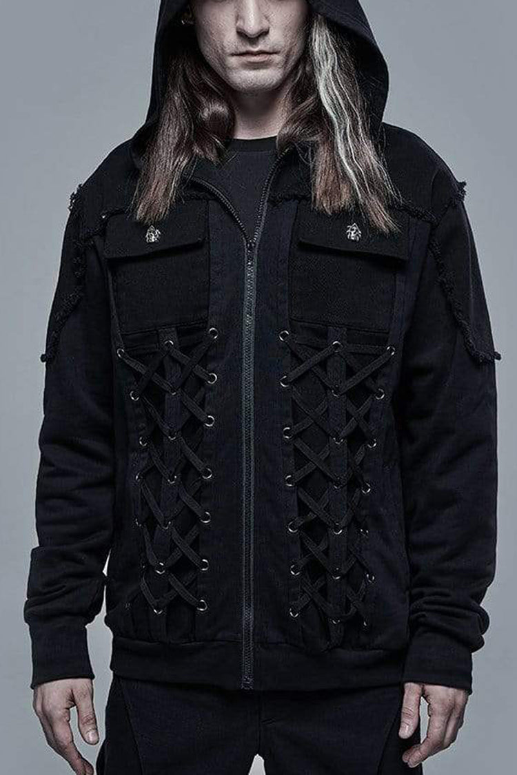 Lace-Up Front Long Sleeve Knit Hooded Jacket