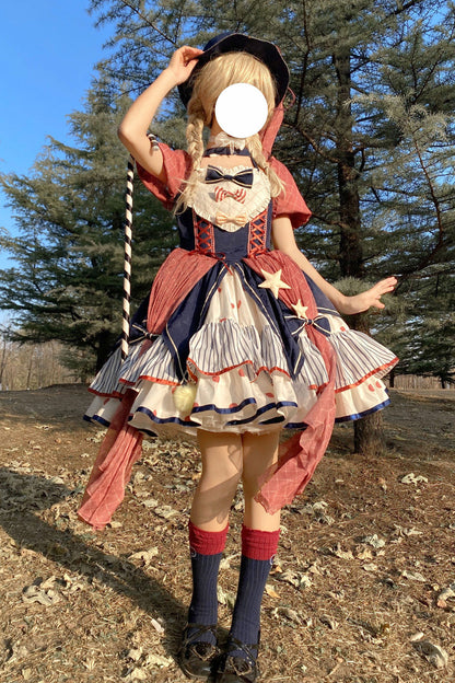 Circus Theme Short-Sleeved Layered Print Ruffled Bow Sweet Dress