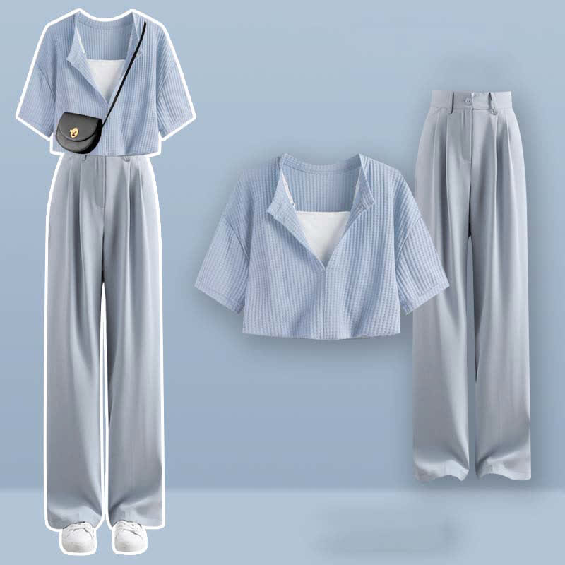 Pieces Set Casual Crop Top Fake Pants Two T-Shirt