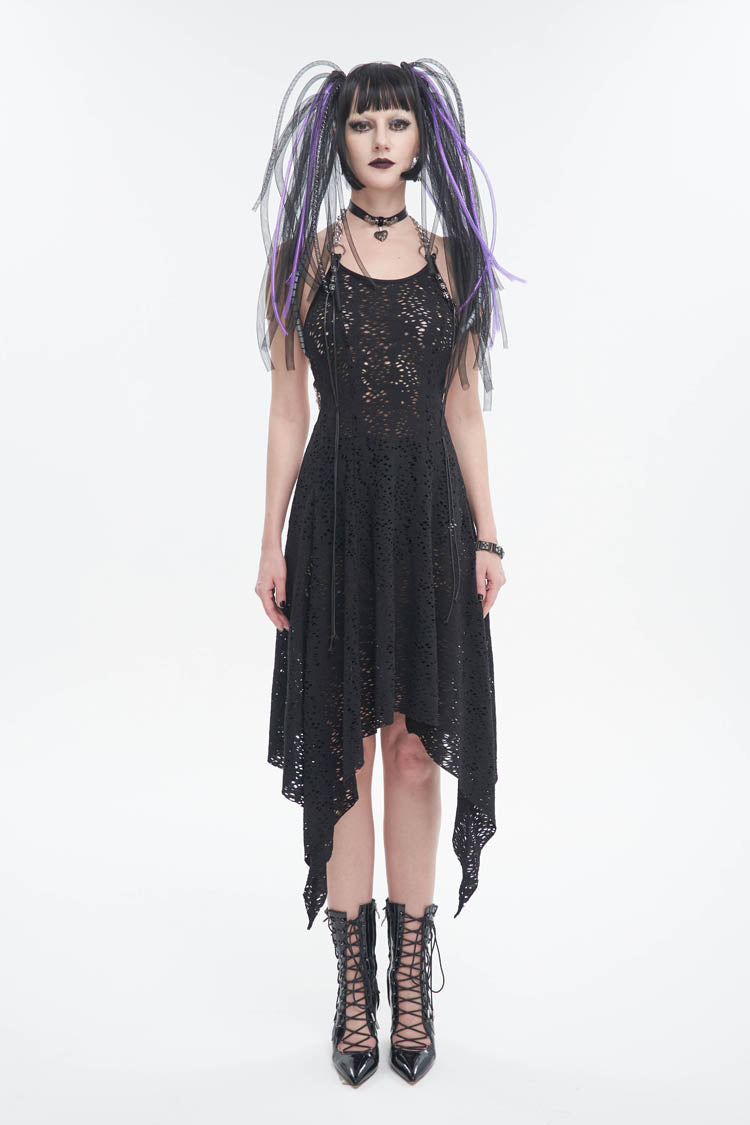 Wool Patterned Metal Chain Halter Backless Black Punk Dress